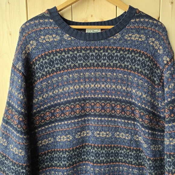 Vintage L.L.Bean Fair Isle Nordic Pattern Crewneck Sweater Navy Blue XL Tall - Picture 2 of 9